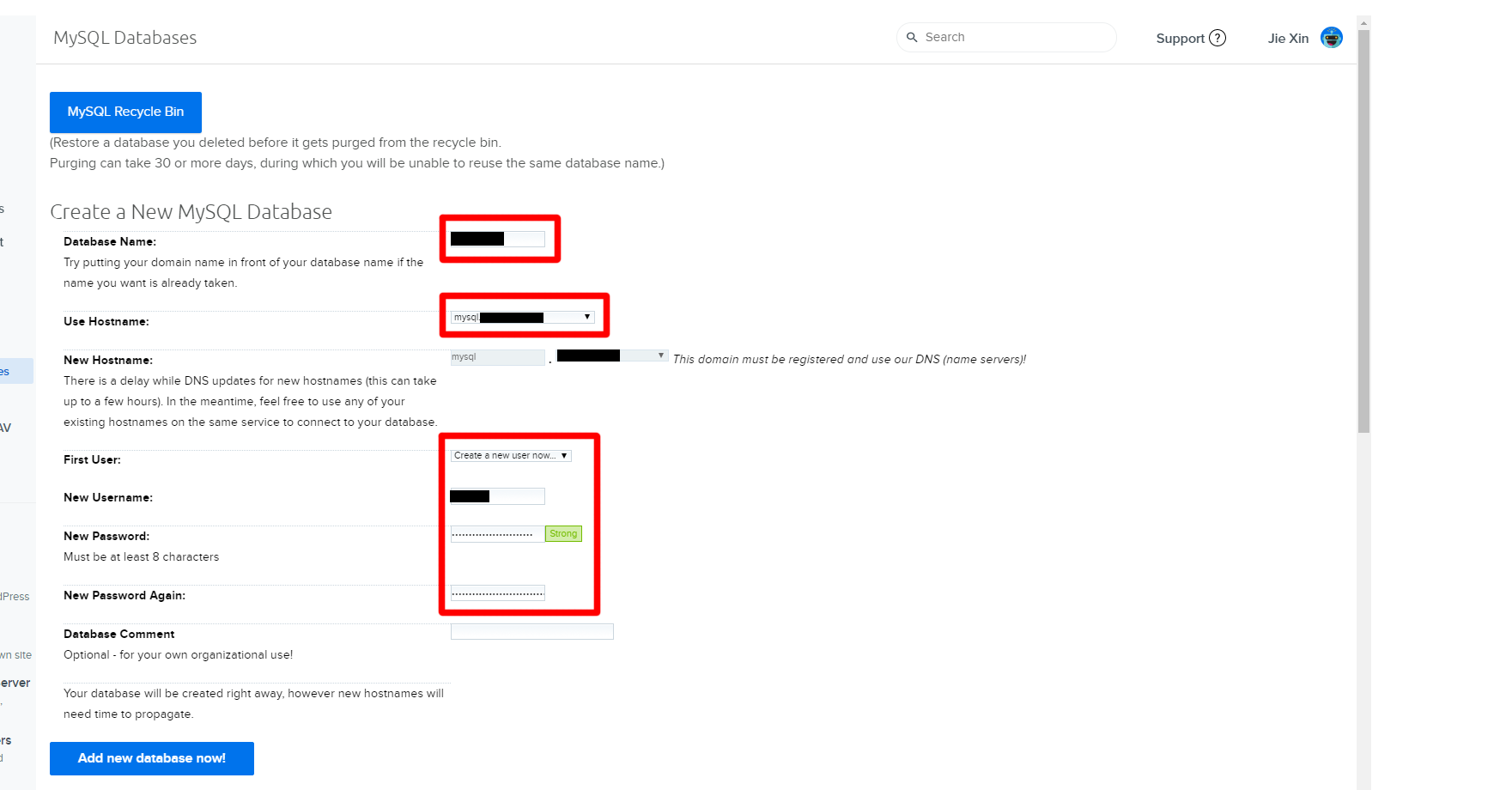 Creating a DreamHost database in the control panel
