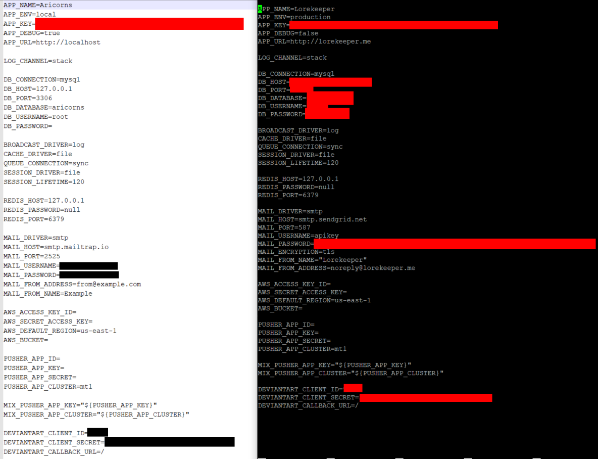 Comparison of local (left) and server (right) .env